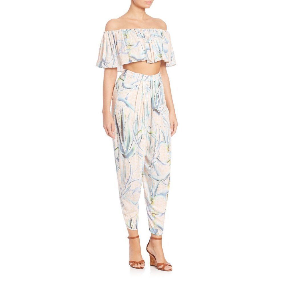 Mara Hoffman cream pastel blue green aloe tropical print drop waist loose pants